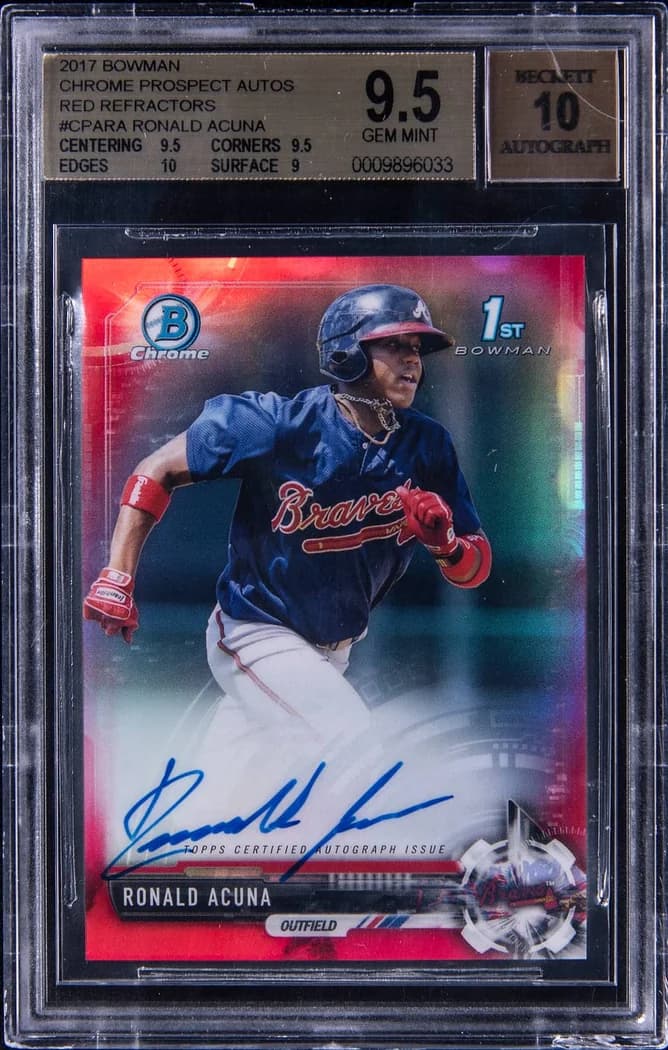 2017 Bowman Chrome Chrome Prospect Autographs Red Refractor Ronald Acuña Jr. #CPA-RA card front