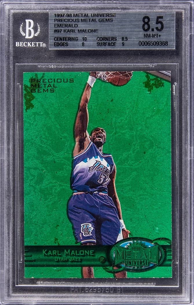 1997-98 SkyBox Metal Universe Precious Metal Gems Emerald Karl Malone #97 /100 card front