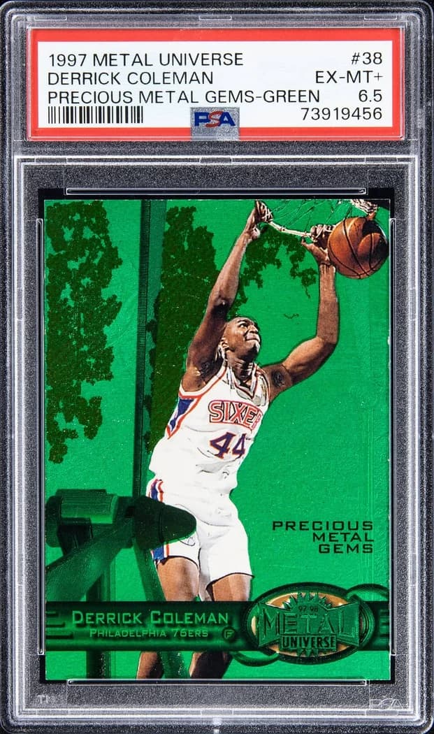 1997-98 SkyBox Metal Universe Precious Metal Gems Green Derrick Coleman #38 /100 card front