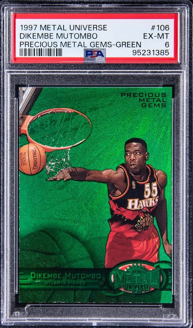 1997-98 SkyBox Metal Universe Precious Metal Gems Green Dikembe Mutombo #106 /100 card front
