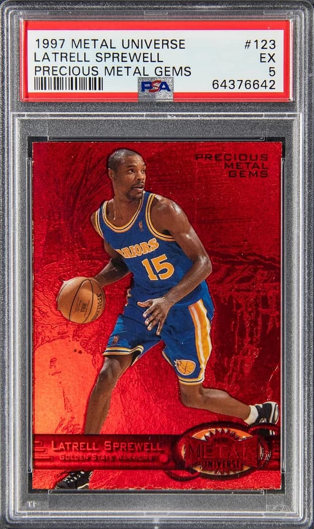 1997-98 SkyBox Metal Universe Precious Metal Gems Red Latrell Sprewell #123 /100 card front