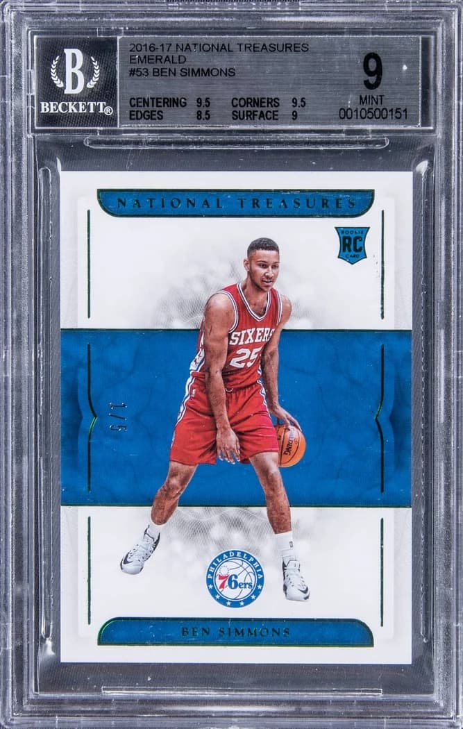 2016-17 National Treasures Emerald Ben Simmons #53 /5 card front