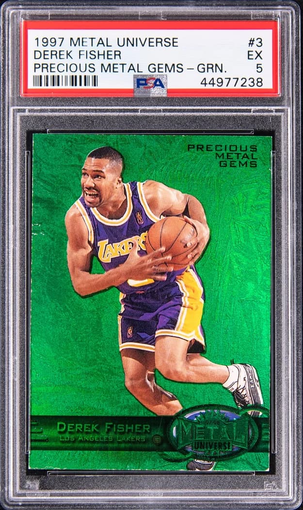 1997-98 SkyBox Metal Universe Precious Metal Gems Green Derek Fisher #3 /100 card front