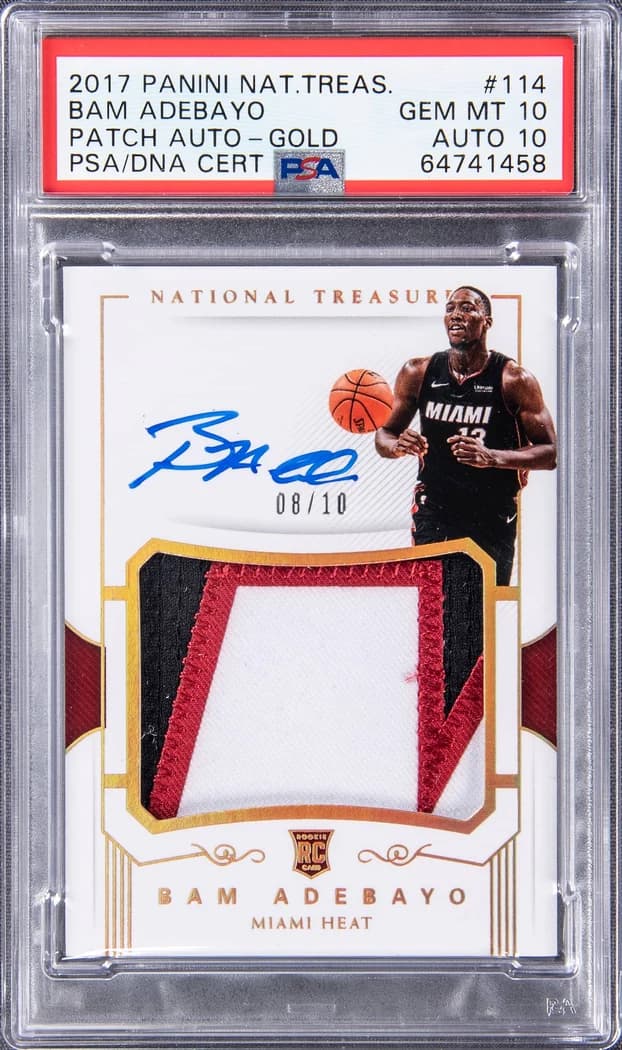 2017-18 Panini National Treasures Rookie Patch Autograph Gold Bam Adebayo #114 /10 card front