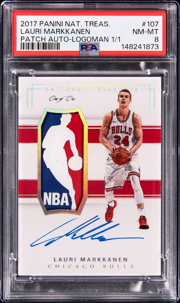 2017-18 Panini National Treasures Rookie Patch Autograph Logoman Lauri Markkanen #107 1/1 card front