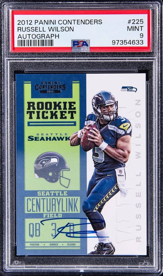 2012 Panini Contenders Rookie Ticket Autograph Blue Jersey Russell Wilson #225 card front