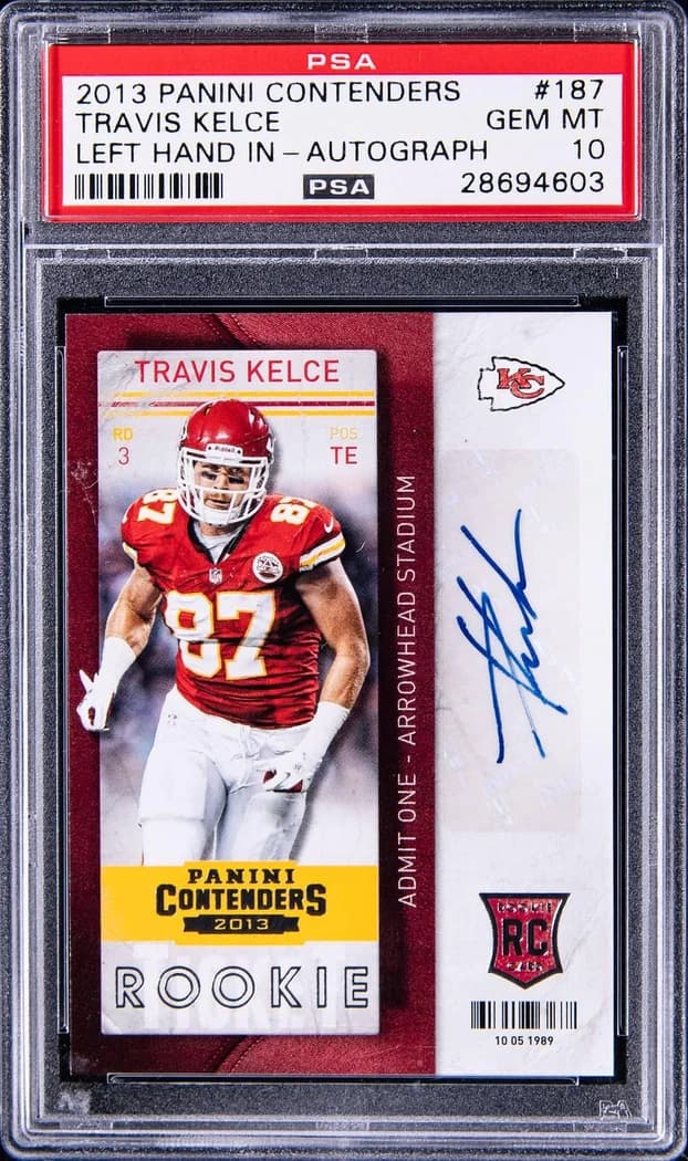 2013 Panini Contenders Rookie Ticket Autograph Left Hand In Travis Kelce #187 card front