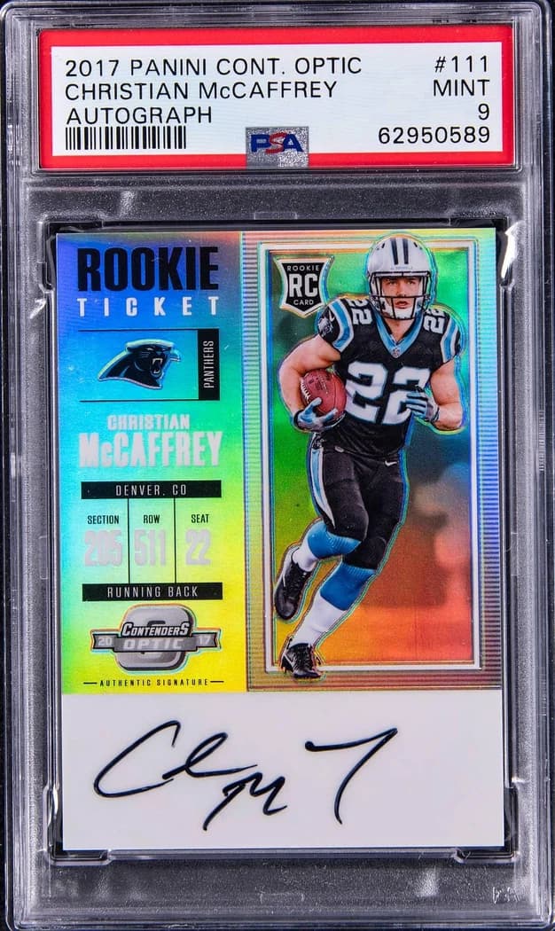 2017 Panini Contenders Optic Rookie Ticket Autograph Christian McCaffrey #111 card front