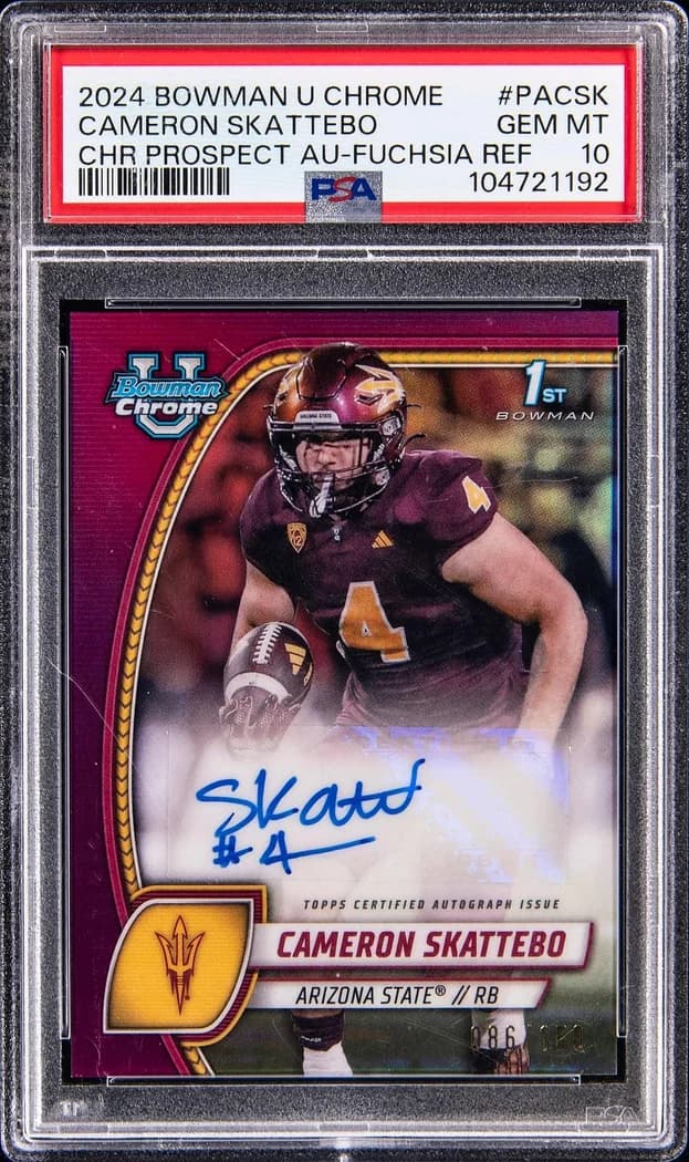 2024 Bowman U Chrome Chrome Prospect Autographs Fuchsia Refractor #PA-CSK Cameron Skattebo /150 card front
