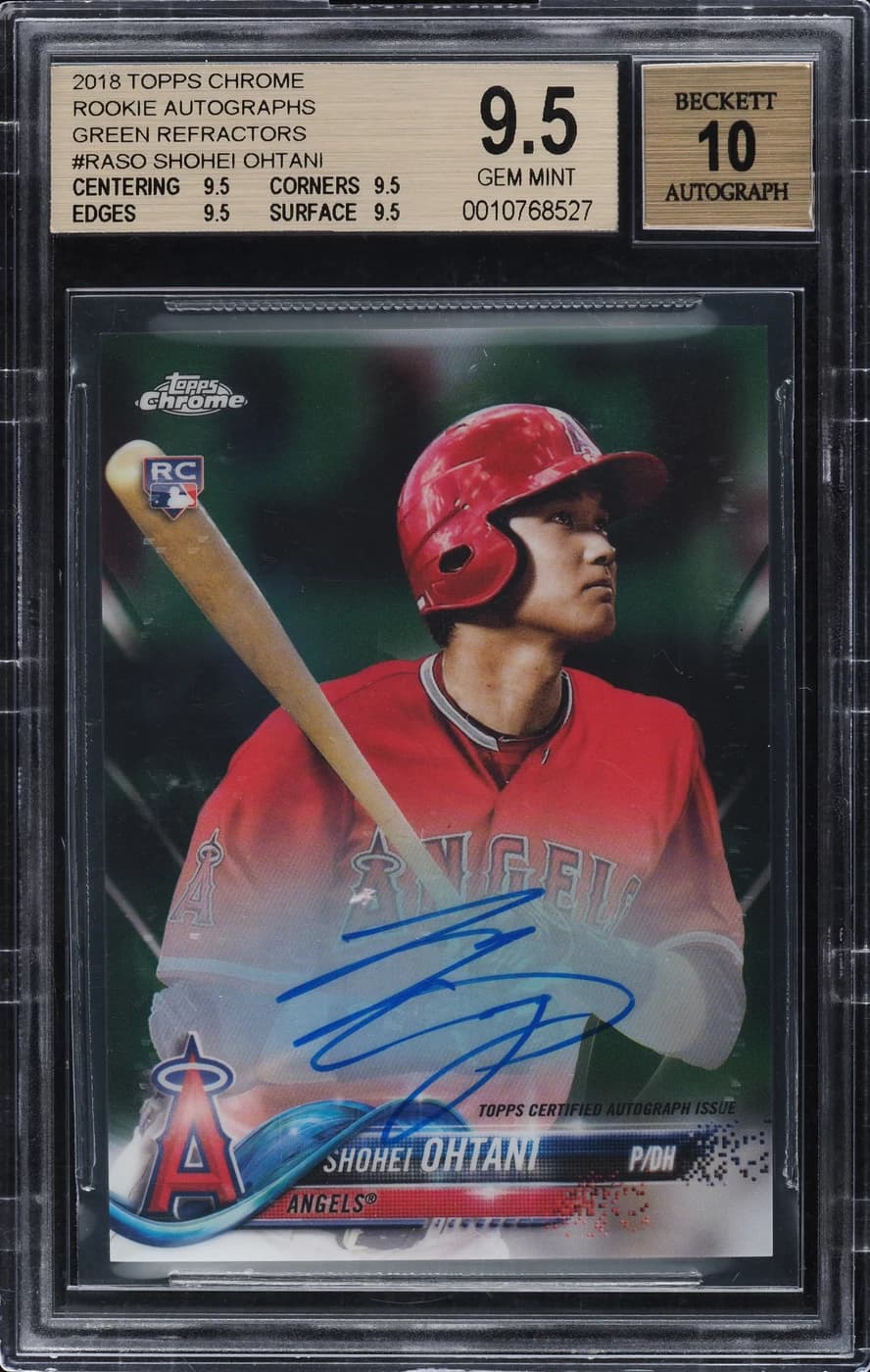 2018 Topps Chrome Rookie Autographs Shohei Ohtani #RA-SO; representative Green Refractor parallel of the same card; finish differs from catalog entry. Slab grade, serial, ownership and sale are not catalog evidence.