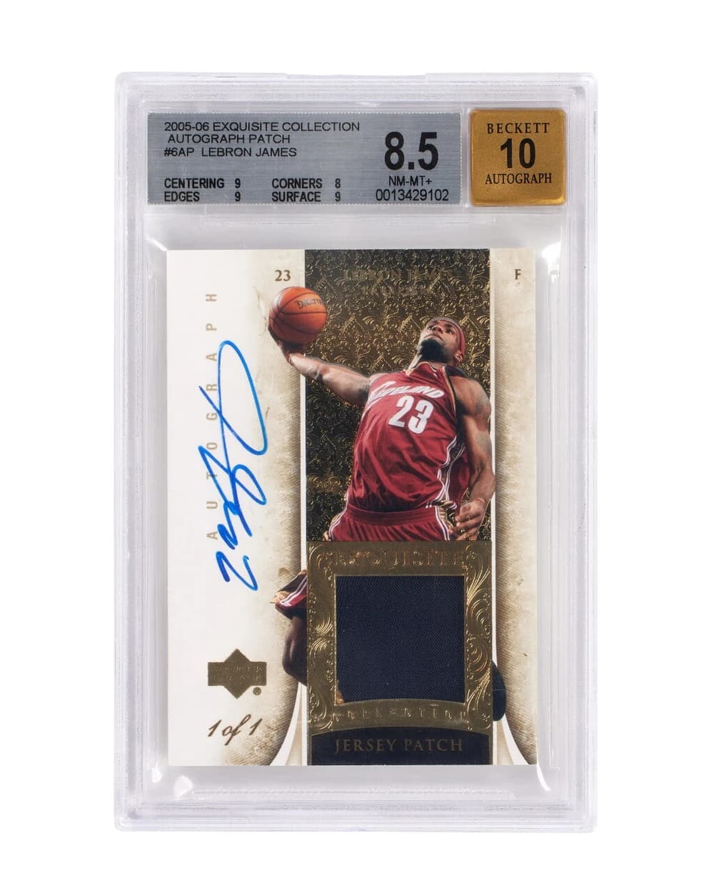 2005-06 Upper Deck Exquisite Collection LeBron James Autograph Patch #6-AP; representative source photograph; pictured grade, serial, patch, autograph, ownership and sale are not evidence for a user-owned copy.