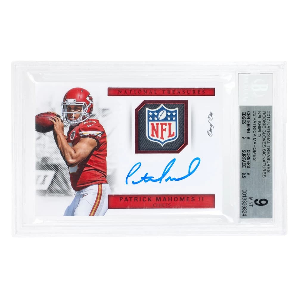 2017 Panini National Treasures Patrick Mahomes Rookie Gloves Signatures NFL Shield; representative source photograph; pictured grade, serial, patch, autograph, ownership and sale are not evidence for a user-owned copy.