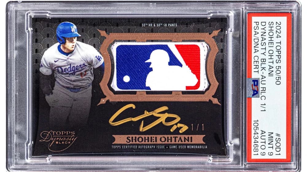 2024 Topps 50/50: Shohei Ohtani Dynasty Black Game-Used Pants Autograph Relic; representative source photograph/artwork; pictured grade, serial, autograph, ownership and sale are not evidence for a user-owned copy; source SAMPLE markings retained where present.
