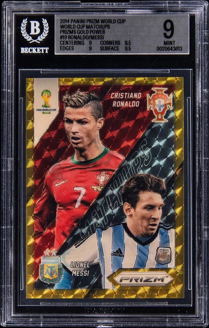 2014 Panini Prizm World Cup Matchups Gold Power Prizm #19 Cristiano Ronaldo / Lionel Messi card front