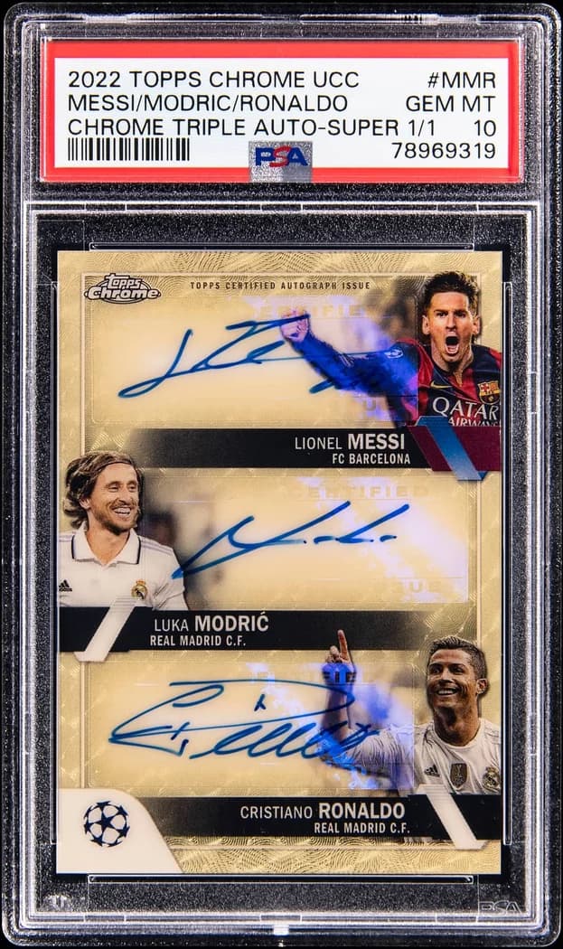 2022-23 Topps Chrome UEFA Club Competitions Autographs SuperFractor #TA-MMR Luka Modrić / Lionel Messi / Cristiano Ronaldo card front