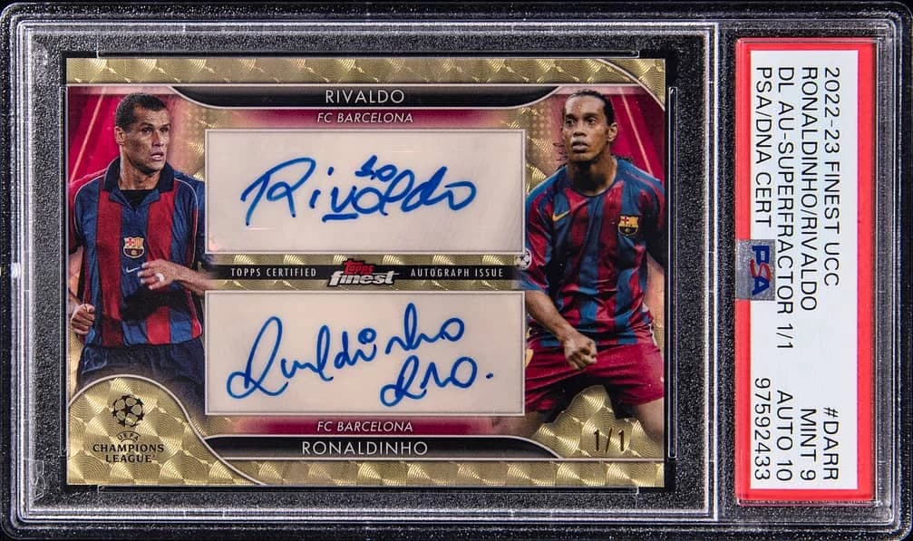 2022-23 Topps Finest UEFA Club Competitions Autograph, Dual Autograph SuperFractor #DA-RR Rivaldo / Ronaldinho card front