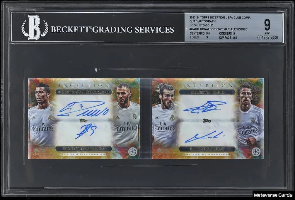 2023-24 Topps Inception UEFA Club Competitions Quad Multi Autographs, Booklet Gold #QA-RM Karim Benzema / Gareth Bale / Cristiano Ronaldo / Luka Modrić card front