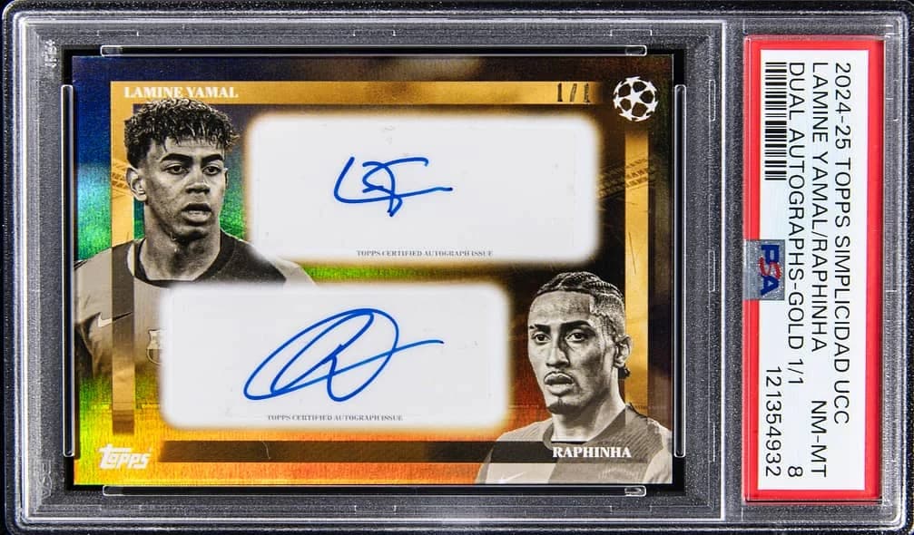 2024-25 Topps Simplicidad UCC Dual Dual Autographs, Dual Autographs Gold Raphinha / Lamine Yamal card front