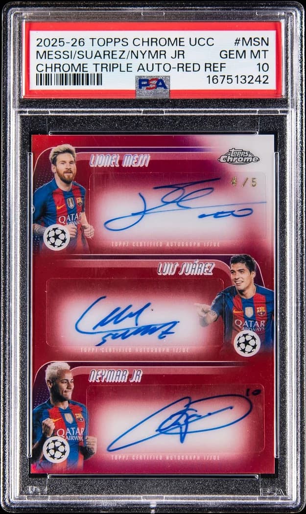 2025-26 Topps Chrome UEFA Club Competitions Autograph Refractor Red #CTA-MSN Luis Suárez / Lionel Messi / Neymar card front