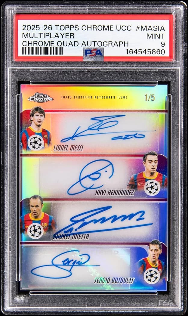 2025-26 Topps Chrome UEFA Club Competitions Autographs #QA-MASIA Andrés Iniesta / Xavi / Lionel Messi card front