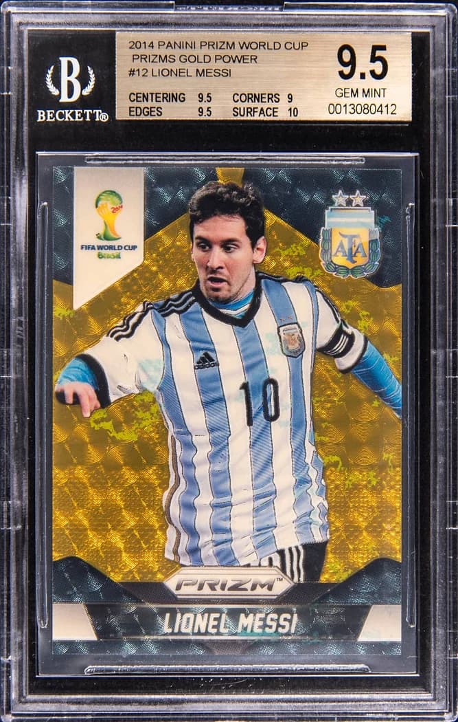 2014 Panini Prizm World Cup Gold Power Prizm Lionel Messi #12 /5 card front