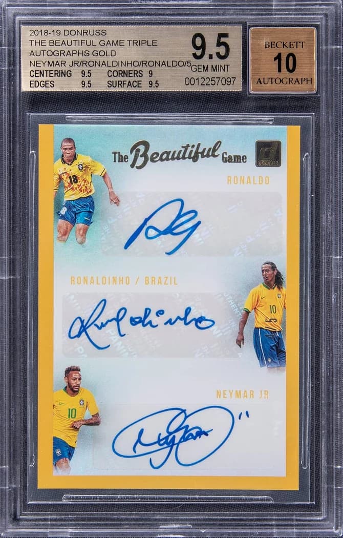 2018-19 Panini Donruss Soccer The Beautiful Game Triple Autographs Gold Ronaldinho / Neymar Jr. / Ronaldo #9 /5 card front