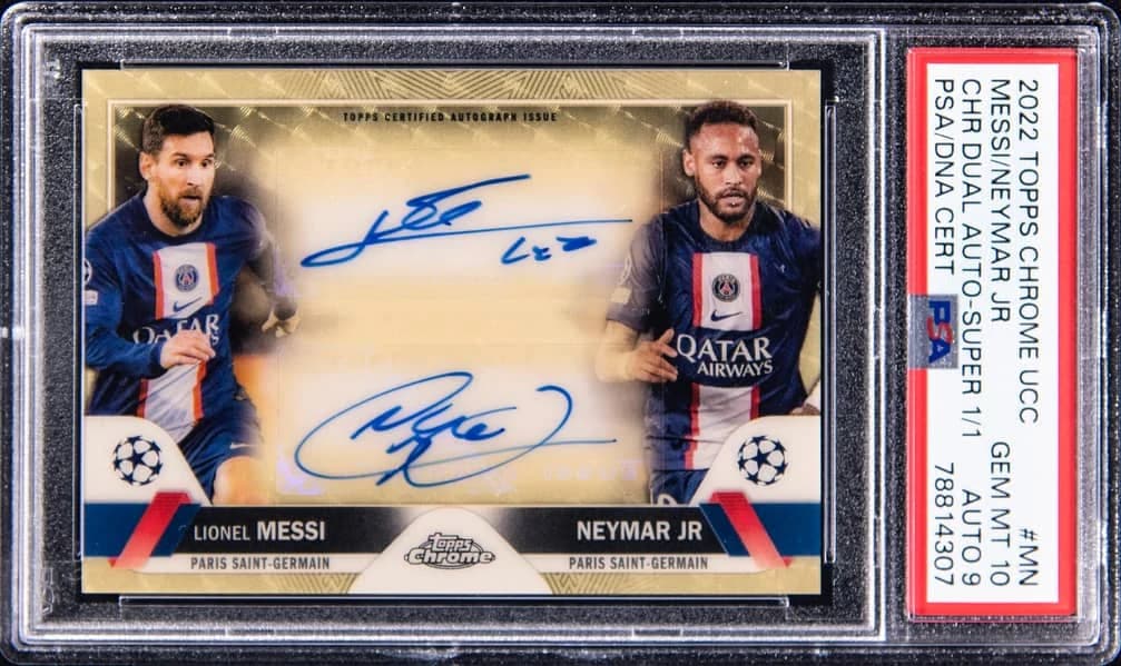 2022-23 Topps Chrome UEFA Club Competitions Chrome Dual Autographs SuperFractor Neymar Jr. / Lionel Messi #DA-MN 1/1 card front