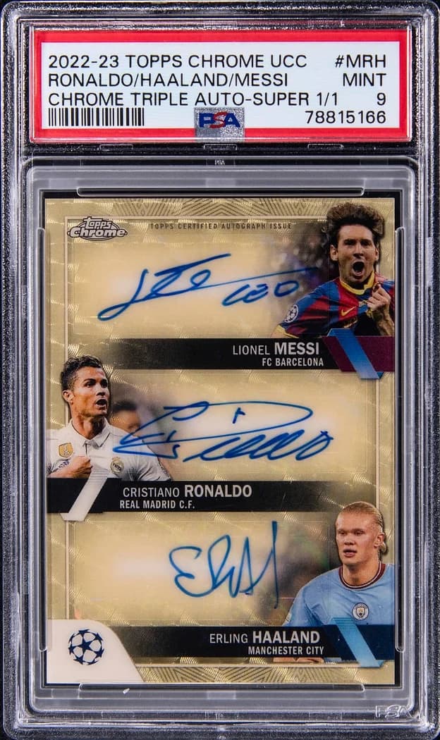 2022-23 Topps Chrome UEFA Club Competitions Chrome Triple Autographs SuperFractor Cristiano Ronaldo / Erling Haaland / Lionel Messi #TA-MRH 1/1 card front