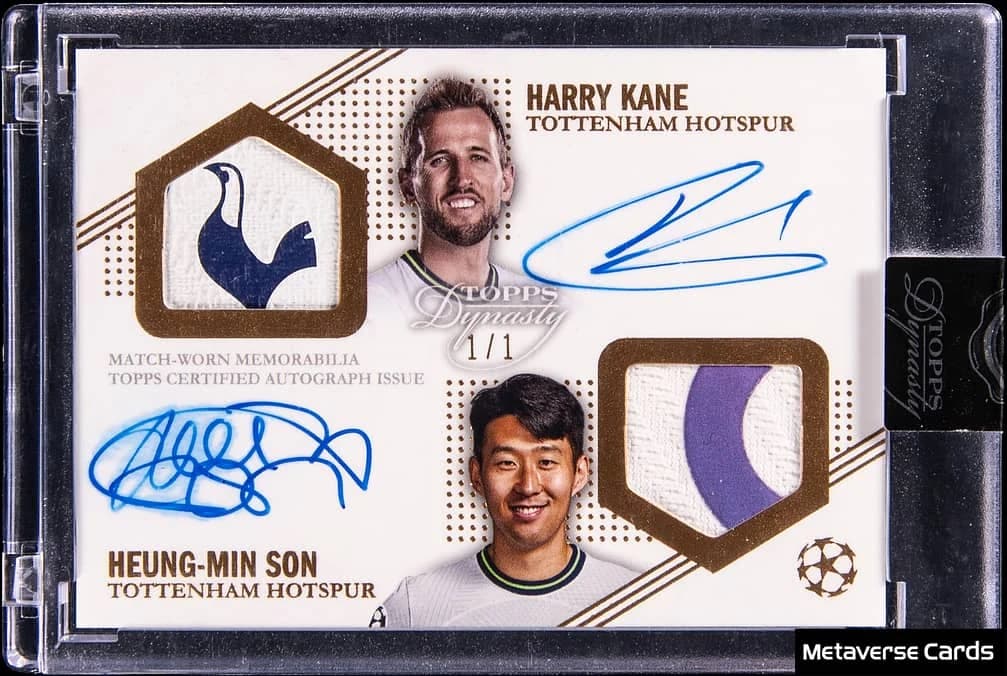 2022-23 Topps Dynasty UEFA Champions League Autograph, Dual Autograph Gold #DAP-KS Son Heung-min / Harry Kane 1/1 card front