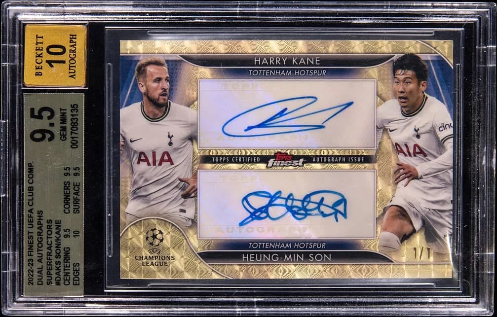 2022-23 Topps Finest UEFA Club Competitions Dual Autographs SuperFractor Harry Kane / Heung-Min Son #DA-KS 1/1 card front