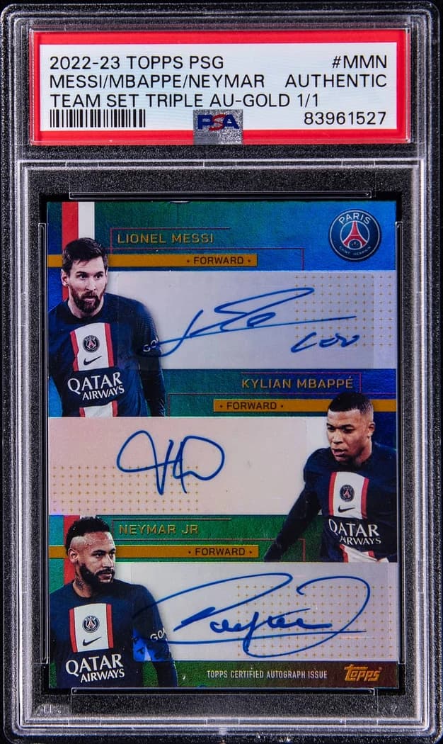 2022-23 Topps Paris Saint-Germain Team Set Triple Autographs Gold Lionel Messi / Kylian Mbappé / Neymar Jr. #MMN 1/1 card front