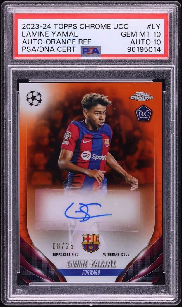 2023-24 Topps Chrome UEFA Club Competitions Chrome Autographs Orange Refractor Lamine Yamal #CA-LY /25 card front