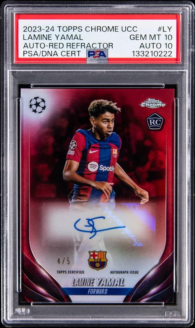 2023-24 Topps Chrome UEFA Club Competitions Chrome Autographs Red Refractor Lamine Yamal #CA-LY /5 card front