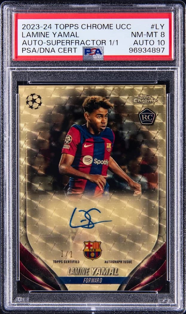 2023-24 Topps Chrome UEFA Club Competitions Chrome Autographs Superfractor Lamine Yamal #CA-LY 1/1 card front