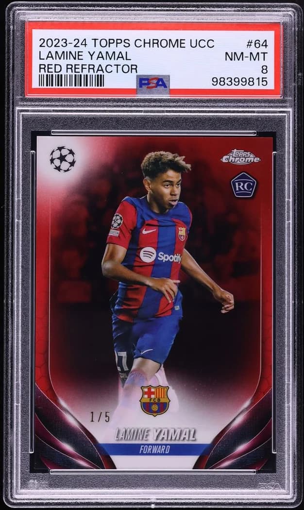 2023-24 Topps Chrome UEFA Club Competitions Red Refractor Lamine Yamal #64 /5 card front