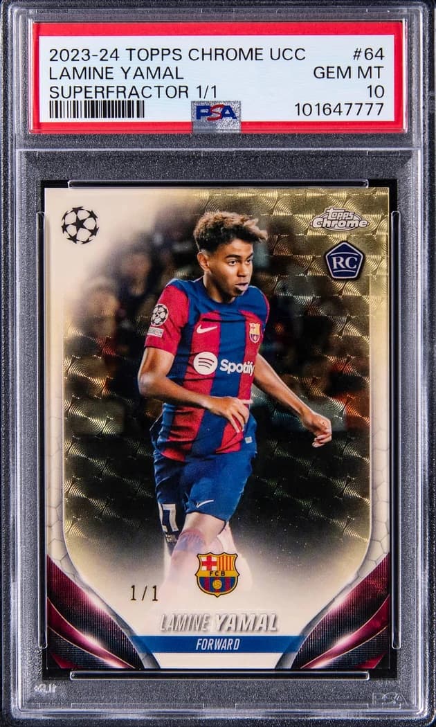 2023-24 Topps Chrome UEFA Club Competitions Superfractor Lamine Yamal #64 1/1 card front