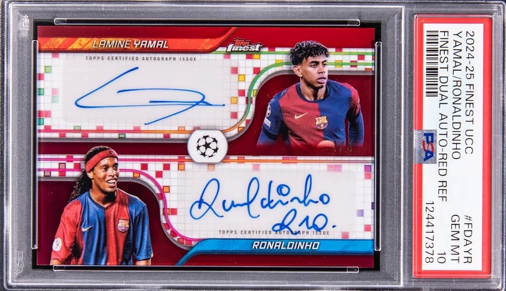 2024-25 Topps Finest UEFA Club Competitions Finest Dual Autographs Red Refractor Lamine Yamal / Ronaldinho #FDA-YR /5 card front