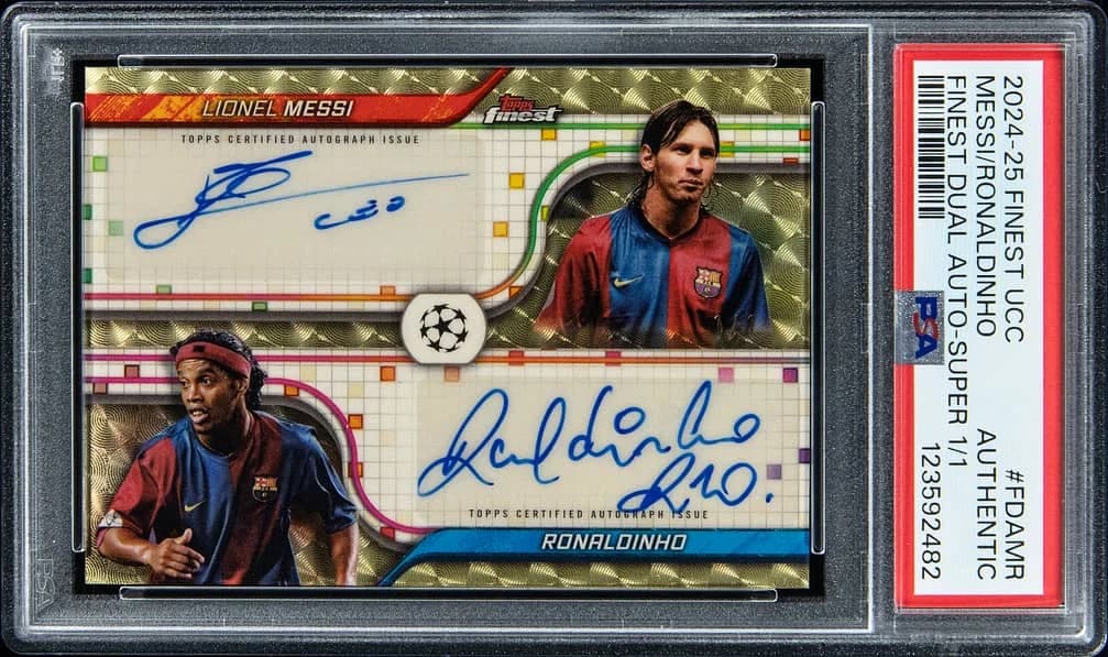 2024-25 Topps Finest UEFA Club Competitions Finest Dual Autographs SuperFractor Ronaldinho / Lionel Messi #FDA-MR 1/1 card front