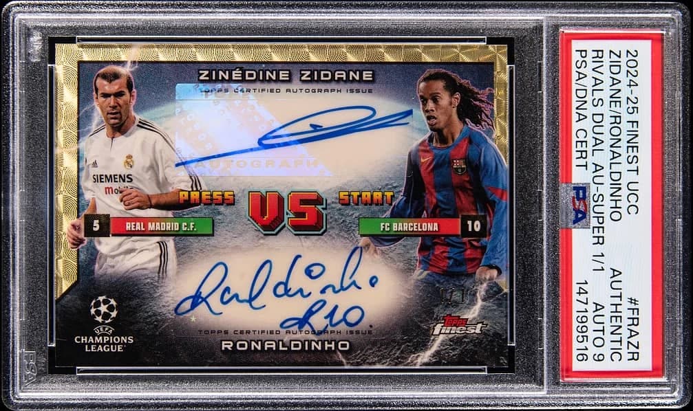 2024-25 Topps Finest UEFA Club Competitions Finest Rivals Dual Autographs SuperFractor Zinedine Zidane / Ronaldinho #FRA-ZR 1/1 card front