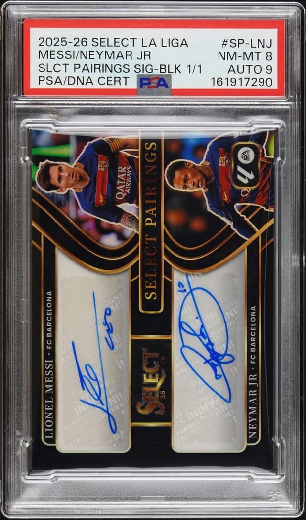 2025-26 Panini Select La Liga Select Pairings Signatures Black Lionel Messi / Neymar Jr. #SP-LNJ 1/1 card front