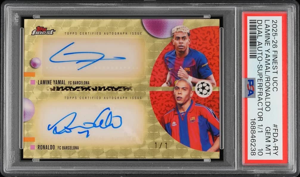 2025-26 Topps Finest UEFA Club Competitions Dual Autographs SuperFractor Lamine Yamal / Ronaldo #FDA-RY 1/1 card front