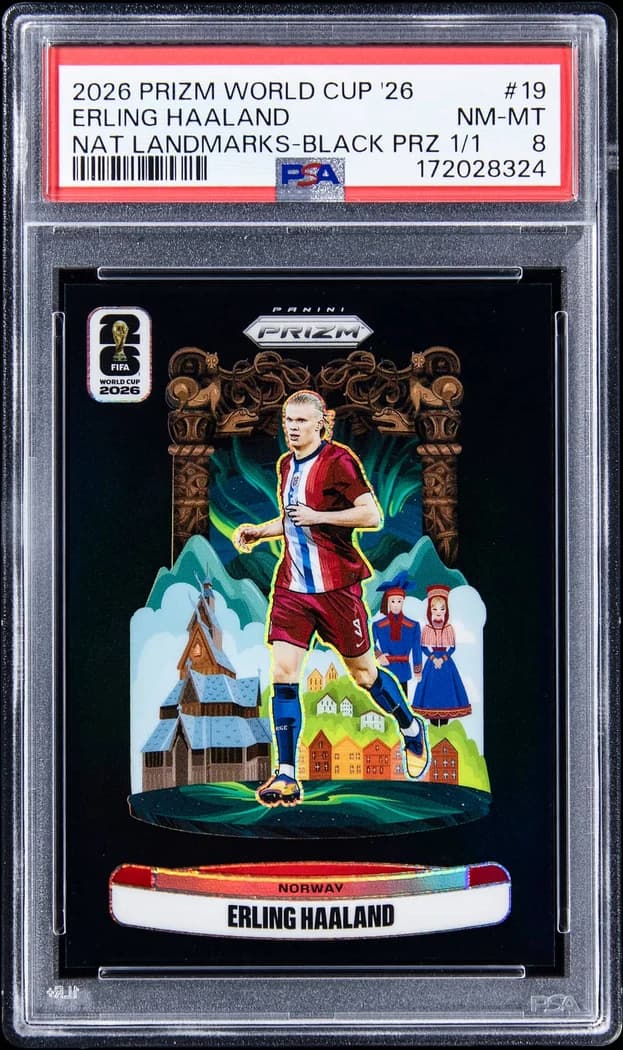 2026 Panini Prizm World Cup National Landmarks Black Prizm Erling Haaland #19 1/1 card front