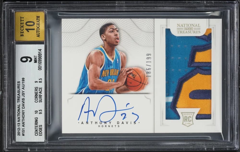 2012-13 Panini National Treasures Anthony Davis Rookie Patch Autograph #151; representative card photograph; finish, patch, autograph and individual-copy details may differ