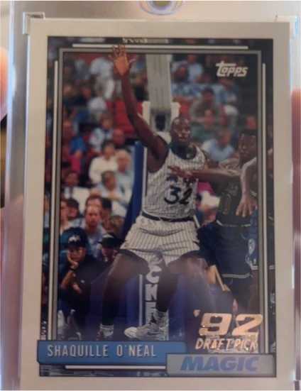 1992-93 Topps Shaquille O'Neal #362; representative card photograph; finish, patch, autograph and individual-copy details may differ