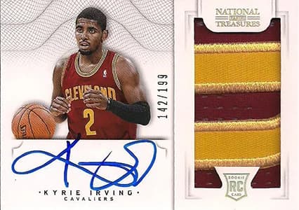 2012-13 Panini National Treasures Kyrie Irving Rookie Patch Autograph #101; representative card photograph; finish, patch, autograph and individual-copy details may differ