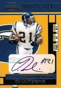 2001 Playoff Contenders LaDainian Tomlinson Rookie Ticket Autograph; representative card photograph; finish, patch, autograph and individual-copy details may differ