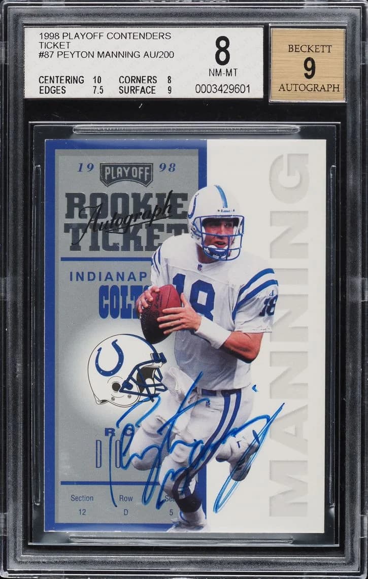 1998 Playoff Contenders Peyton Manning Rookie Ticket Autograph; representative card photograph; finish, patch, autograph and individual-copy details may differ