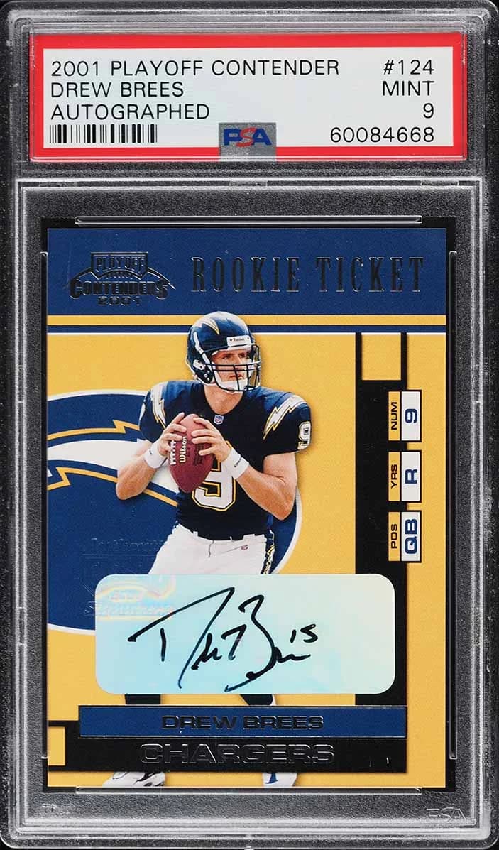 2001 Playoff Contenders Drew Brees Rookie Ticket Autograph; representative card photograph; finish, patch, autograph and individual-copy details may differ