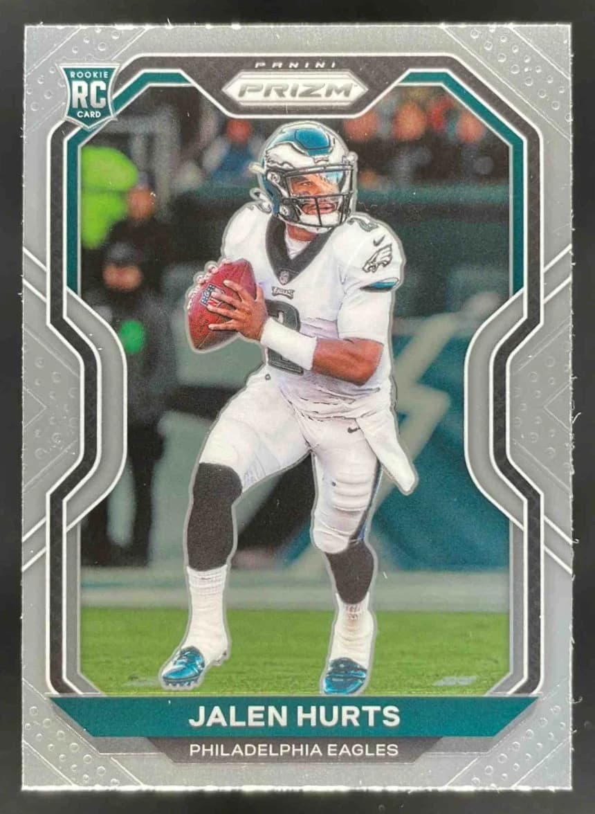 2020 Panini Prizm Jalen Hurts; representative card photograph; finish, patch, autograph and individual-copy details may differ