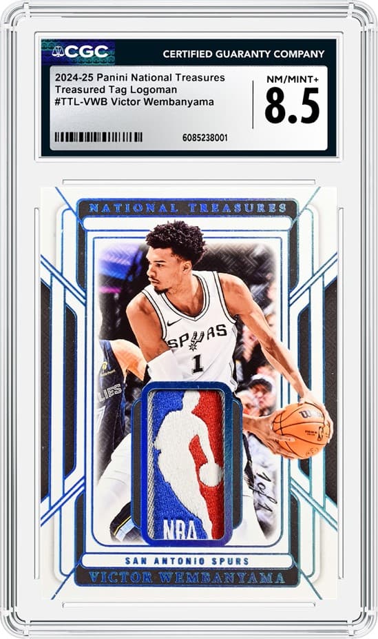 2024-25 National Treasures Treasured Tag Logoman TTL-VWB Victor Wembanyama, pictured in a CGC holder